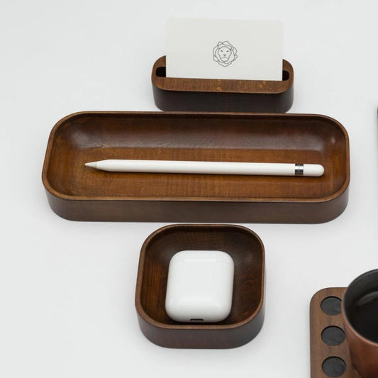 Walnut Stained Beechwood Desk Organizer Set