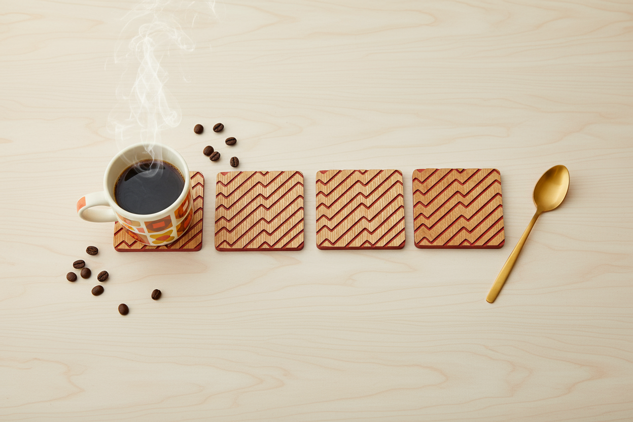 Kırmızı ve Meşe Zikzak Ahşap Bardak Altlığı