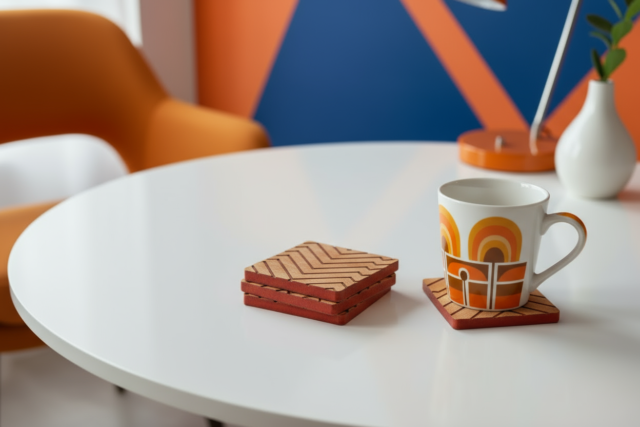 Kırmızı ve Meşe Zikzak Ahşap Bardak Altlığı