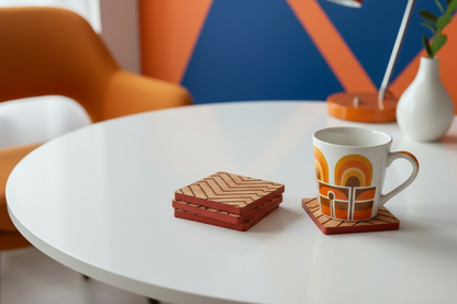 Kırmızı ve Meşe Zikzak Ahşap Bardak Altlığı