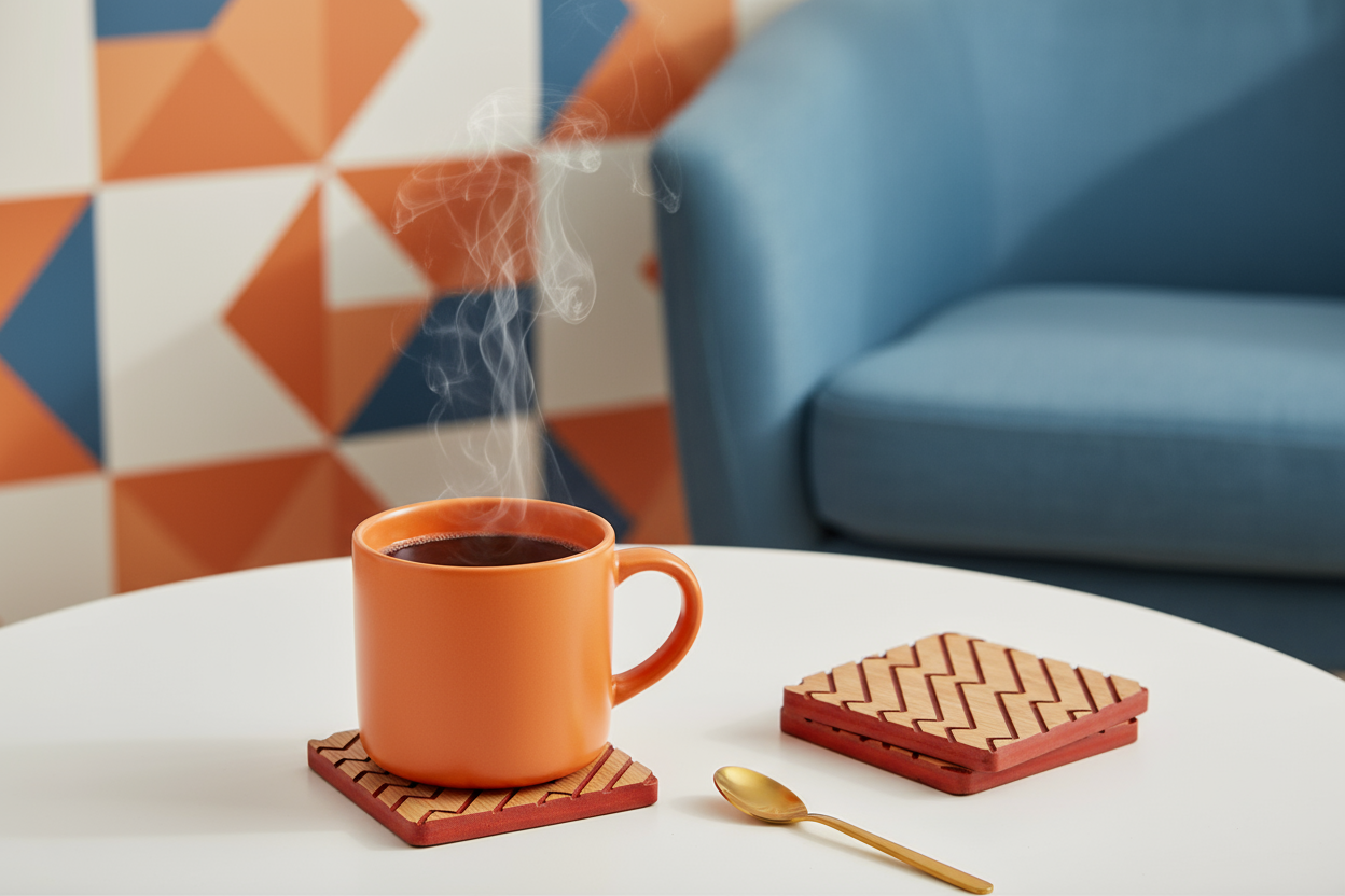 Kırmızı ve Meşe Zikzak Ahşap Bardak Altlığı