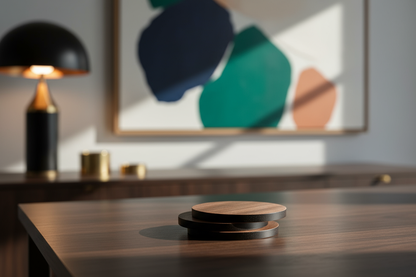 Mantar Kauçuk Tabanlı Ceviz ve Siyah Yuvarlak Ahşap Bardak Altlığı