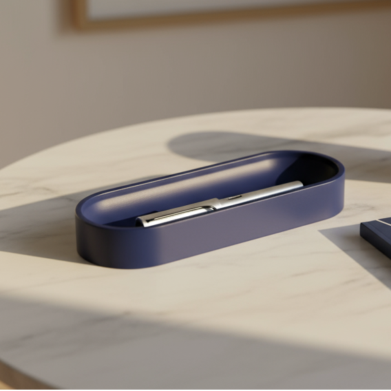 Blue pen holder with a pen on a light wooden surface