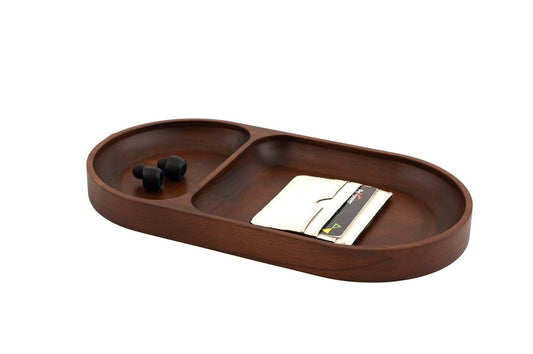 Oval Valet Tray, 2 Compartments, Mahogany Stained
