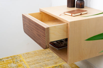 Floating Nightstand with Walnut Front Drawer, Wall Mounted Bedside Table