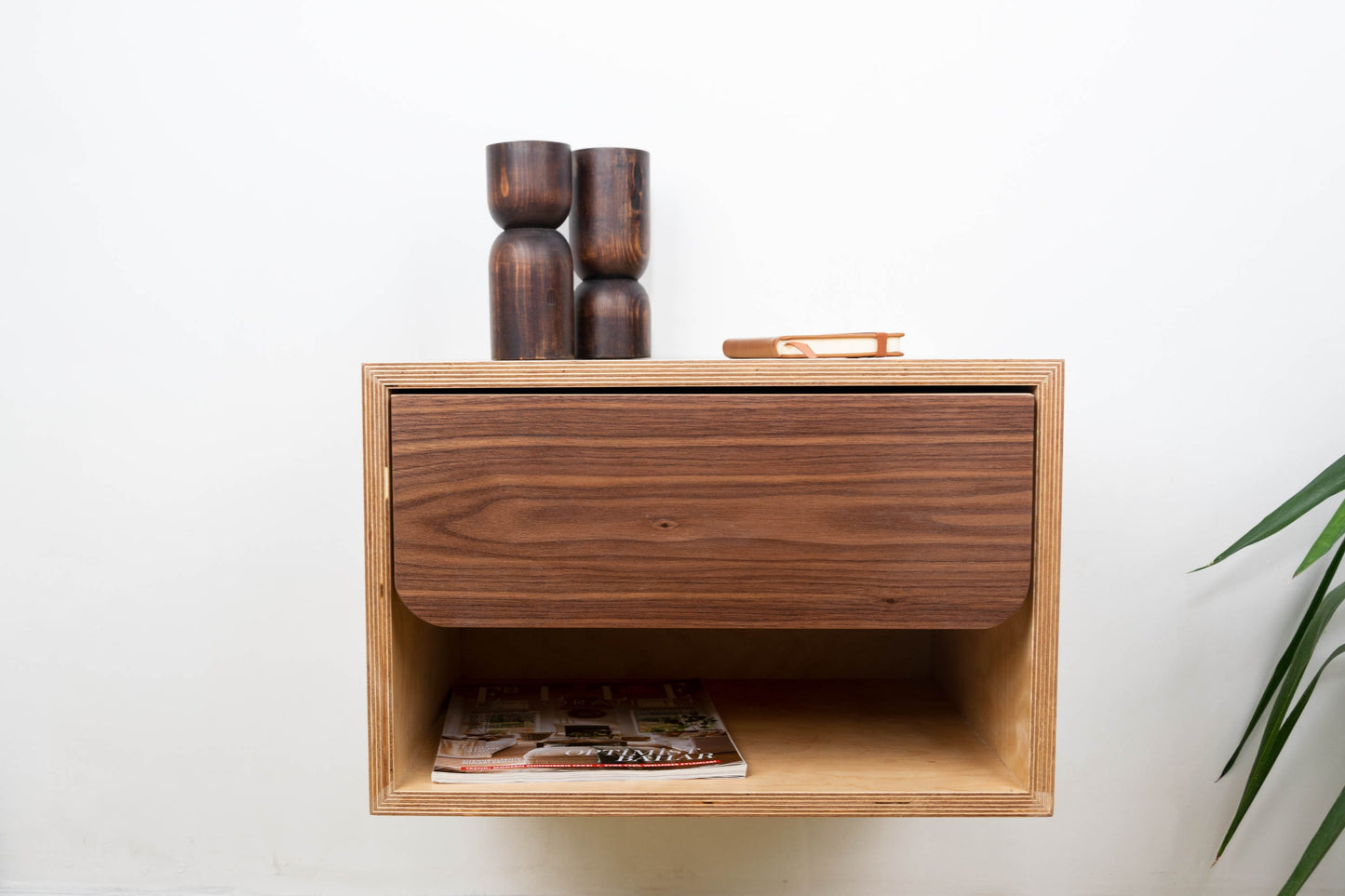 Floating Nightstand with Walnut Front Drawer, Wall Mounted Bedside Table