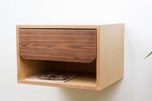 Floating Nightstand with Walnut Front Drawer, Wall Mounted Bedside Table