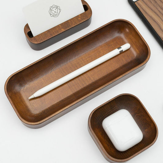 Dark Mahogany Stained Beechwood Desk Organizer Set